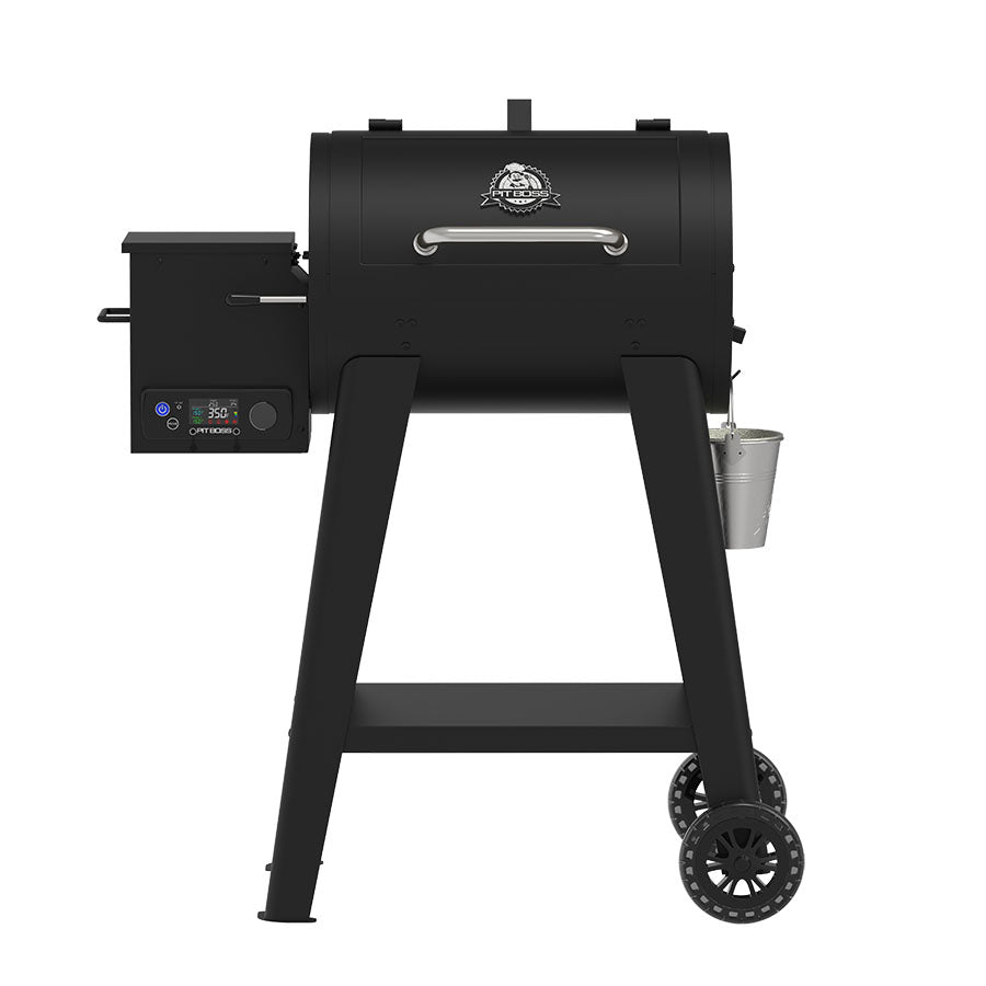 Pit Boss 500FB2 style compact pellet grill with a barrel-shaped cooking chamber and side hopper