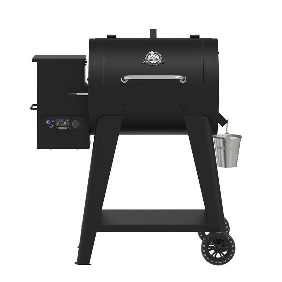Pit Boss 700FB2 style pellet grill with a larger cooking chamber and side-mounted hopper on wheeled legs