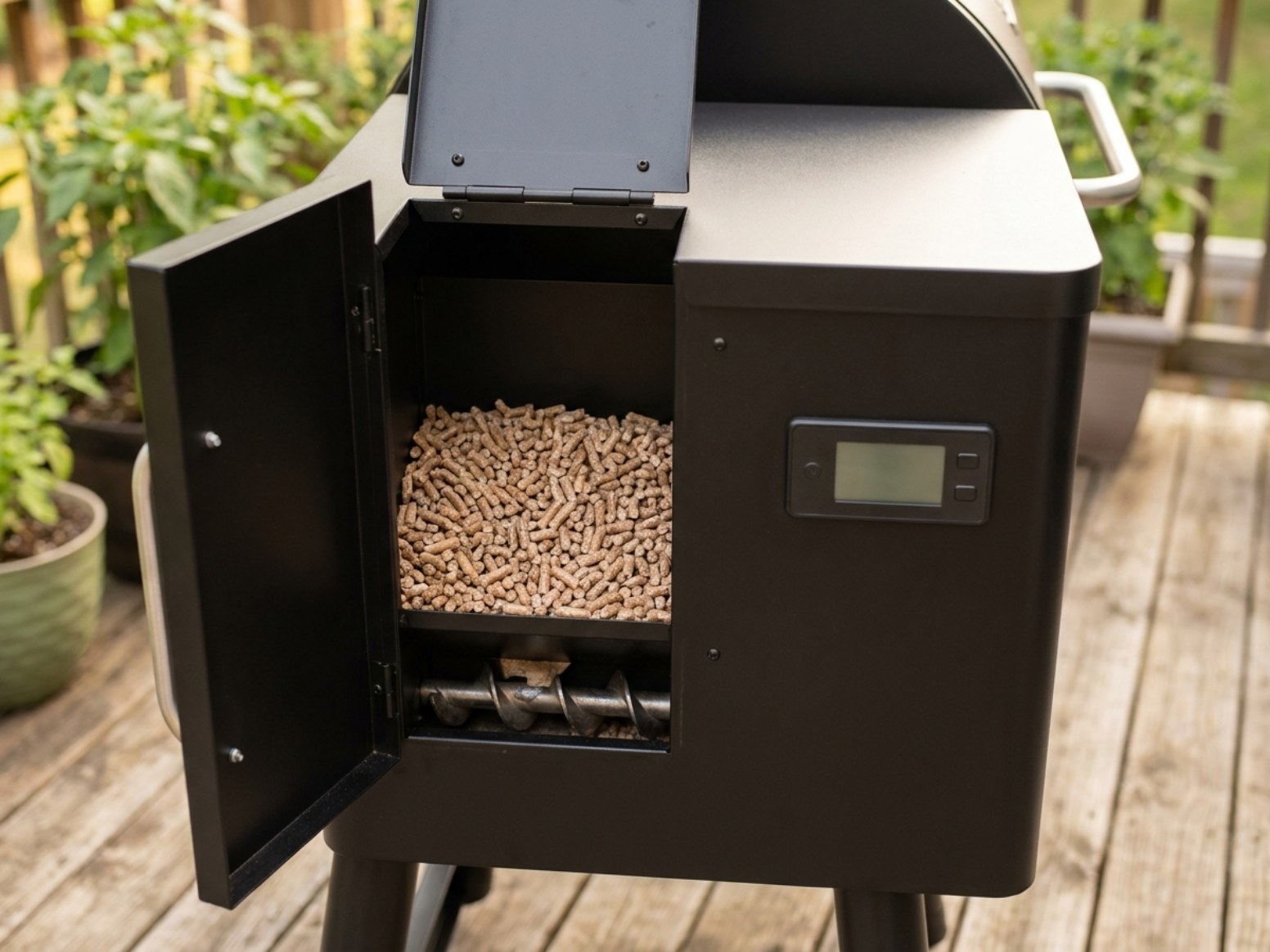 Close-up of an open pellet grill hopper with wood pellets, auger opening, and digital controller