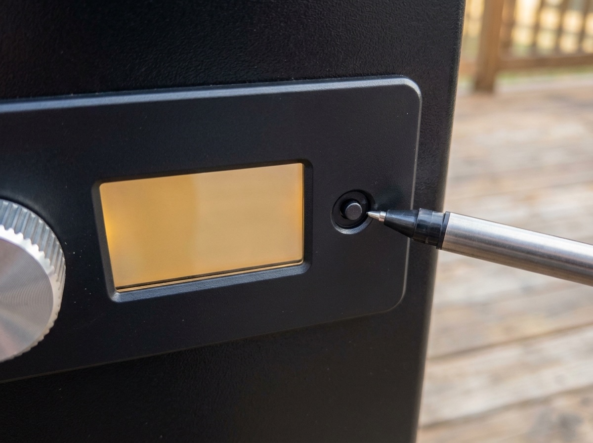 Close-up of a small recessed set button beside the LCD on a pellet grill control panel