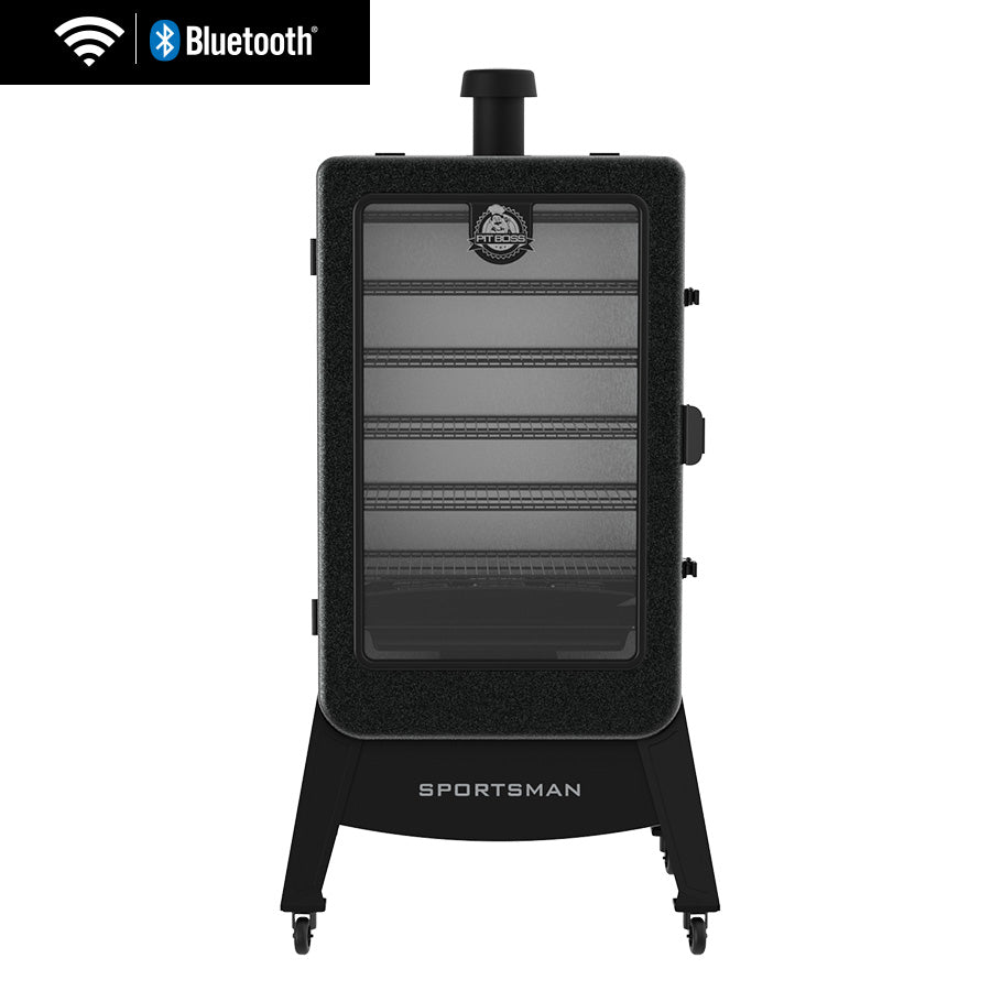 Pit Boss Sportsman 7-Series style mid-size vertical pellet smoker with rounded base and side control panel