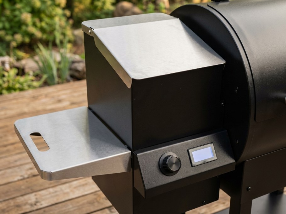 Z Grills ZPG-7052BPro style pellet grill, close-up of the side hopper box and control panel